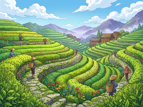Terraced Tea Fields In Mountains