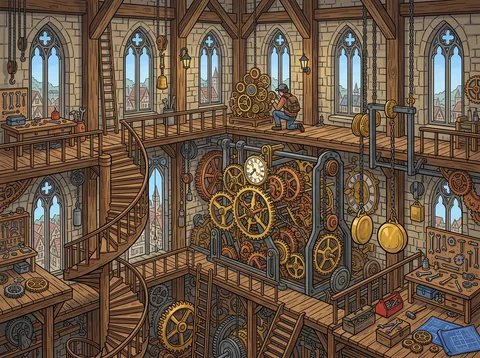 Figure Inspecting Clock Tower Gears