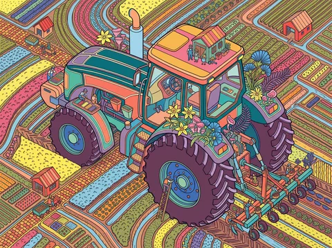 Patchwork Farm Crossed by a Flower Tractor