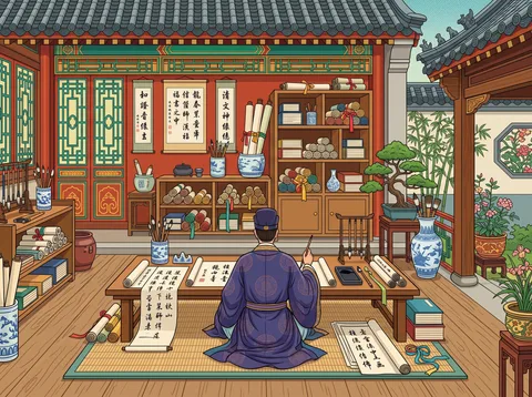 Scholar Practicing Calligraphy At Home