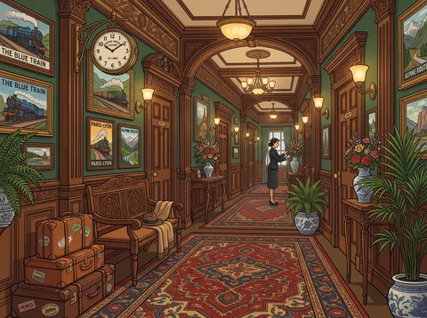 Grand Hotel Corridor with Travel Posters
