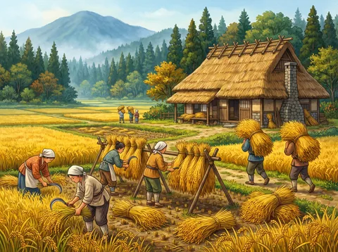 Farmers Harvesting Golden Rice Fields