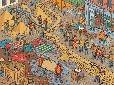 Sandbagging a Flooded Town Street