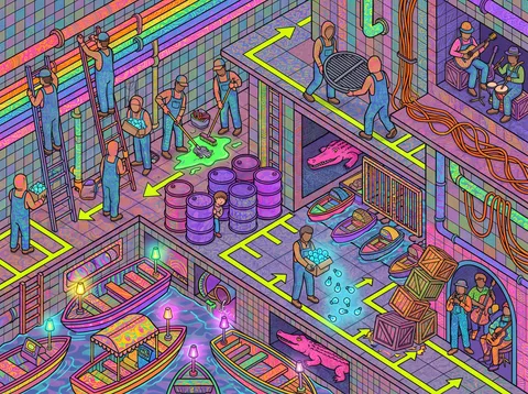 Workers Inspecting a Neon Sewer System