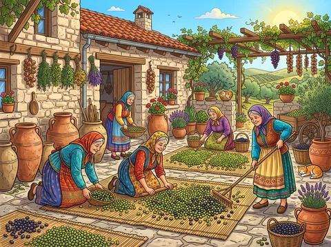 Women Drying Olives On Mats