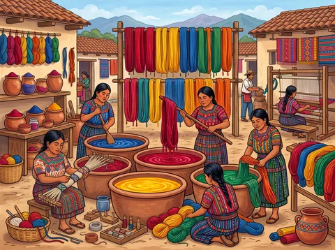 Villagers Dyeing Yarn in Clay Vats