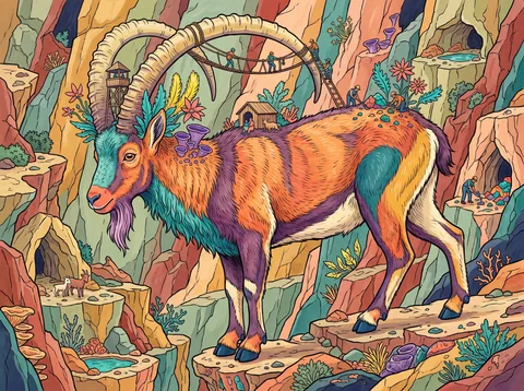 Painted Ibex on the Alpine Rock Face