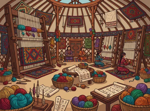 Rug Weavers Inside A Yurt