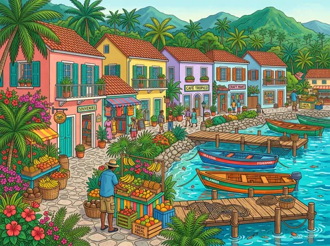 Caribbean Island Village by Shore
