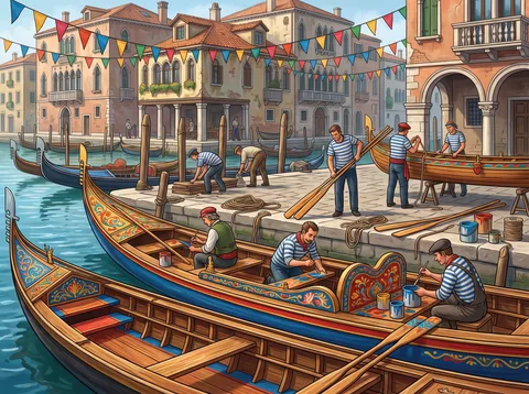 Painting Gondolas Along The Canal