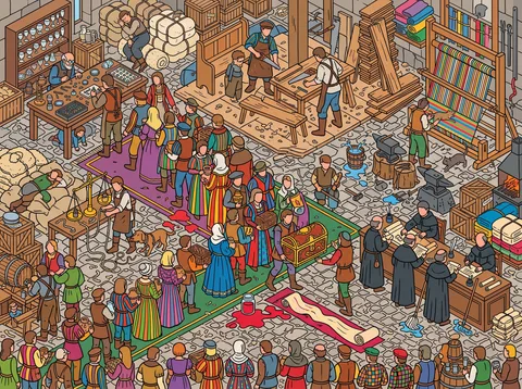 Medieval Guildhall Crowded with Trade