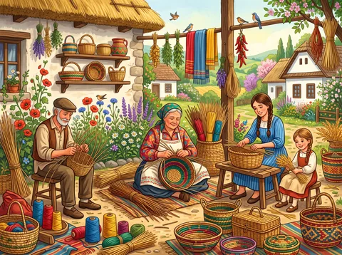Weaving Baskets In A Cottage Yard