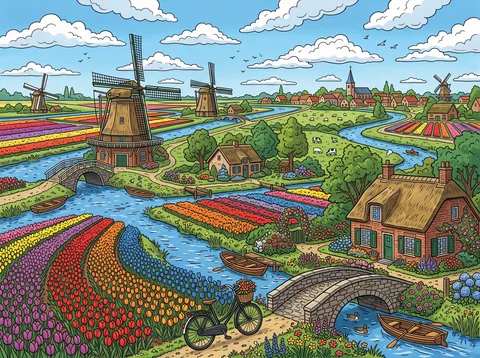 Dutch Windmill Countryside in Tulip Season