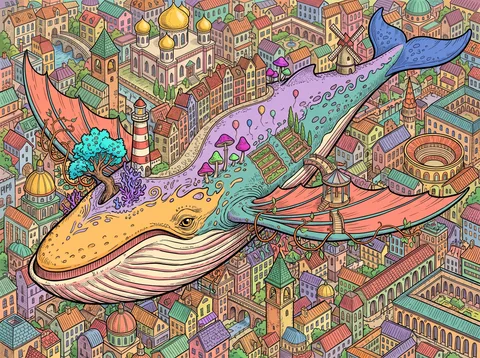 Whale Drifting Above a Crowded Old Town