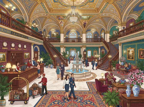 Opulent Hotel Lobby with Marble Fountain