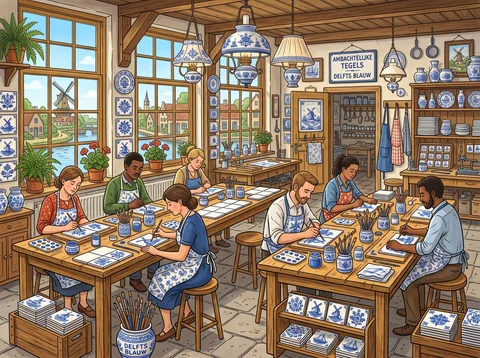 Artisans Painting Delft Blue Tiles