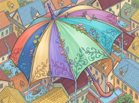 Umbrella Roof Over the Rain Gutter Town