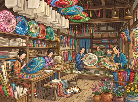Painting Umbrellas in a Paper Workshop