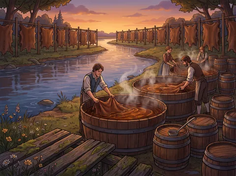 Soaking Hides in Riverside Tanning Vats