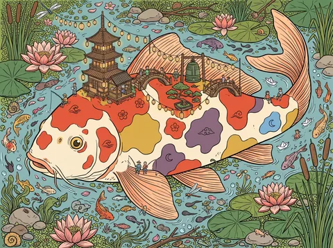 Koi Carp Carrying a Lantern-Lit Pagoda Town