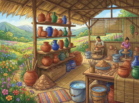 Potters Working Beside a Wildflower Field