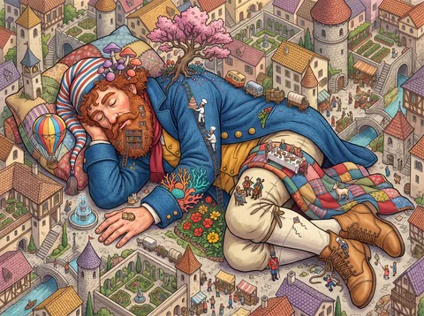 Sleeper in a Striped Nightcap Among the Rooftops