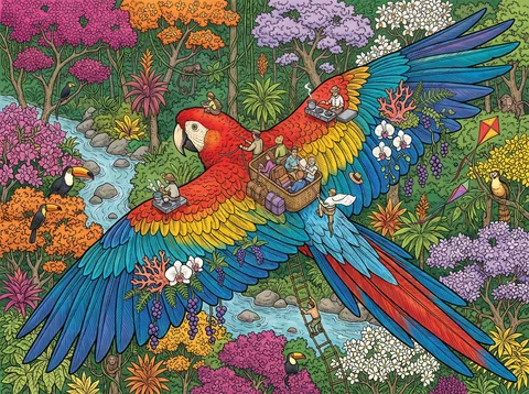 Scarlet Macaw Carrying Explorers Over the Rainforest