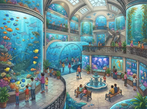 Aquarium Hall with Colorful Fish