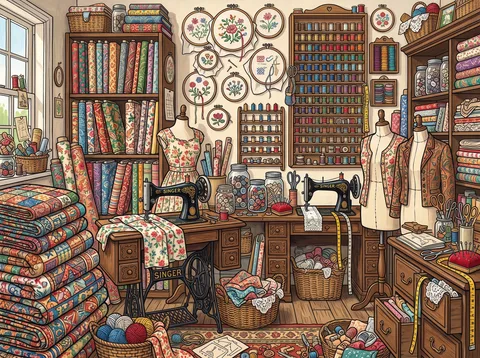 Vintage Sewing Room with Fabric Bolts