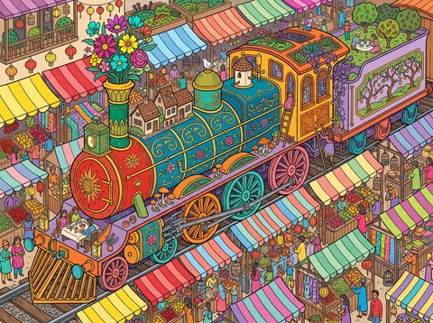 Painted Steam Locomotive in the Bazaar