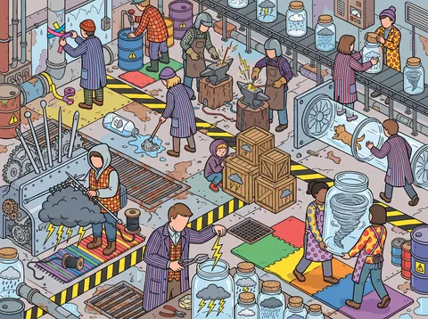 Workers Assembling Storms in a Factory