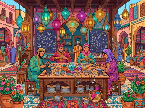 Jewelers Threading Silver Under Lanterns