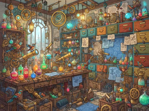 Inventor's Workshop with Colorful Birds