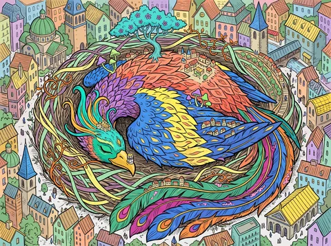 Sleeping Phoenix Nested Among Pastel Streets