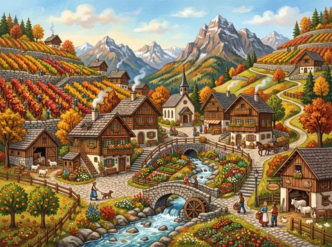 Autumn Vineyard Village in the Mountains