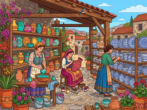 Potters Glazing Ware in a Courtyard