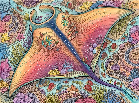 Manta Ray Gliding Above a Coral Village
