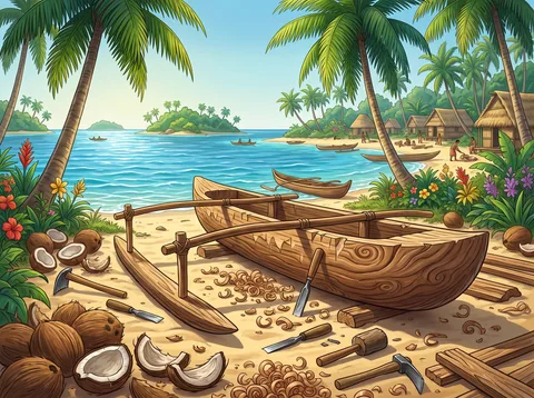 Carving Outrigger Canoe On Beach