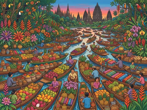 Floating Market Before the Temple Spires
